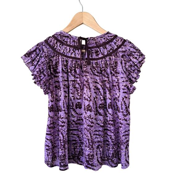 ULLA JOHNSON Amai Blouse Purple Batik Top Size 2 Small Flutter Sleeve Boxy - Picture 14 of 15